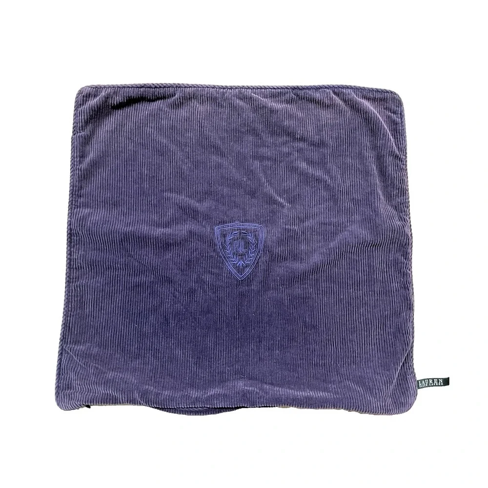 Vtg  Ralph Lauren Embroidered LRL CREST Blue Purple Corduroy  Pillow Cover 18x20